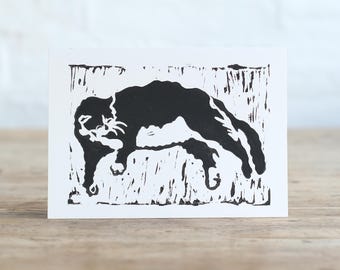Handmade Linocut Cat Card: Black and White Art Print