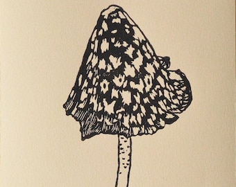 Magpie Inkcap mushroom - original linocut print
