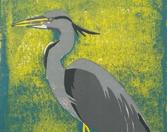 Heron at dawn - reproduction of an original linocut print