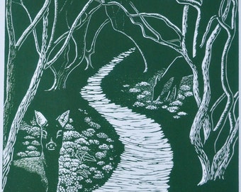 Aston's Eyot - reproduction of an original linocut print