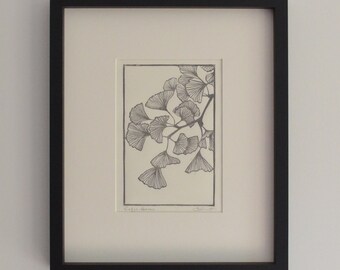 Framed gingko leaves linocut print