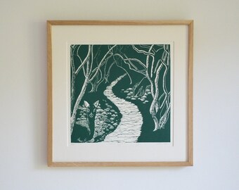 Framed 'Aston's Eyot' linocut print