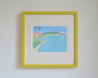 Framed Morning Swim linocut print