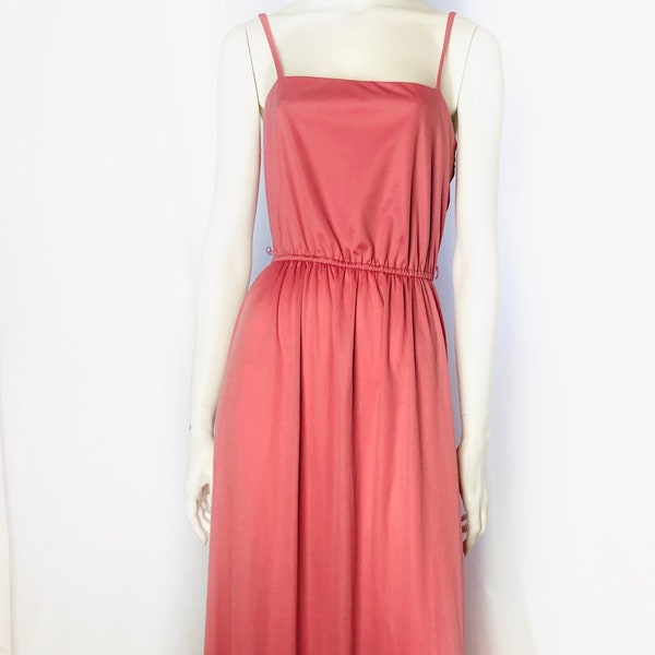 Pink 1970s Floor Length Dress - Spaghetti Straps-Polyester Knit - S/M