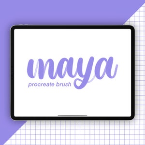 May include: A digital tablet screen displaying the word "maya" in a purple, handwritten font. The text "procreate brush" is below the word "maya".