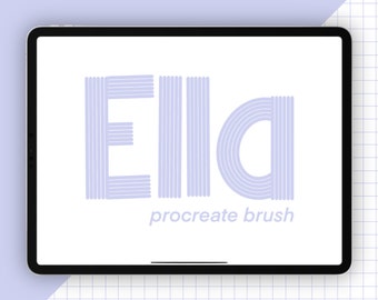 May include: A digital tablet screen displaying the word "Ella" in a light blue color, with each letter made up of multiple thin, horizontal lines. The text "procreate brush" is displayed below the word "Ella".