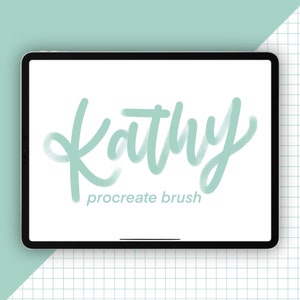 May include: A digital tablet shows the word "Kathy" in a light teal script font, with "procreate brush" below. The tablet is black with a white screen, set against a white background with a teal and grid pattern.