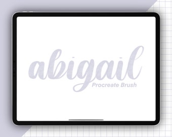 May include: A white iPad with a light blue handwritten word "abigail" on the screen. The text "Procreate Brush" is below the word.