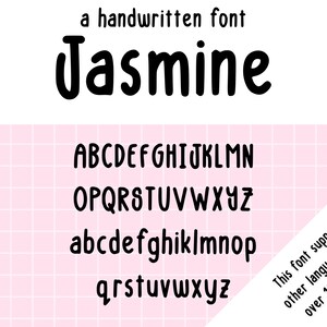 May include: A handwritten font named "Jasmine" with uppercase and lowercase alphabets. The font is in a bold, rounded style, with the text "This font supports other languages with over 140 glyphs!" in the lower right corner. The background is a pink grid.