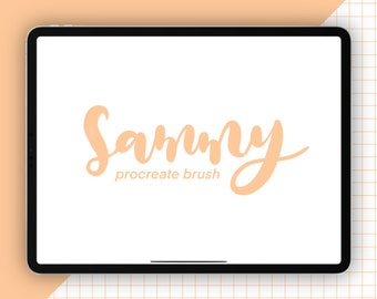 May include: A white digital tablet with a black frame displays the word "Sammy" in a peach-colored handwritten font. The text "procreate brush" is written below the word "Sammy" in a smaller font.