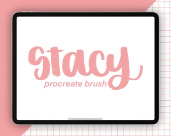 May include: A digital illustration of the word "stacy" in a pink, textured font on a white background. The text "procreate brush" is written below the word "stacy" in a smaller, black font.