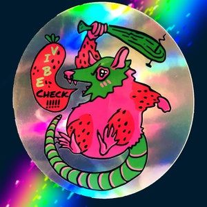 3 » Holographic « Vibe Check » Strawberry Opossum Vinyl Sticker