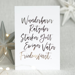 Christliche Weihnachtskarte mit Silberfolien-Veredelung: Wunderbarer Ratgeber, Starker Gott, Ewiger Vater, Friedefürst.