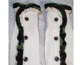 Boot Socks with Lace and Hand Crochet Leg Warmers Girl's size 4-14 Cream w/ Camo trim