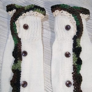 Girls' Cream with Camo Crochet Button Boot Socks: Handmade Lace Leg Warmers (size 4-14)
