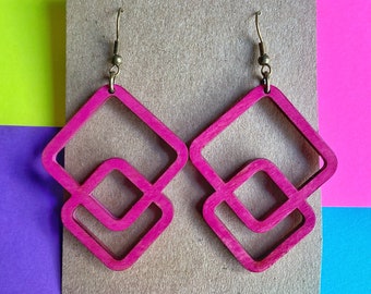 Colorful Hand Stained Geometric Wood Earrings | Pink Earrings | Fuchsia Earrings