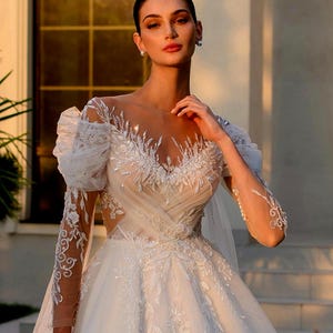 Romantic Lace Wedding Dress with Long Sleeves | Off-the-Shoulder Bridal Gown with Illusion Back and Tulle Skirt