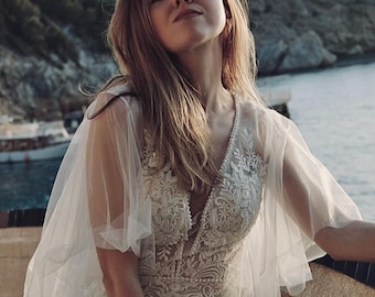 Floral Lace Tulle Maxi Dress, Ivory Boho Bridal Gown