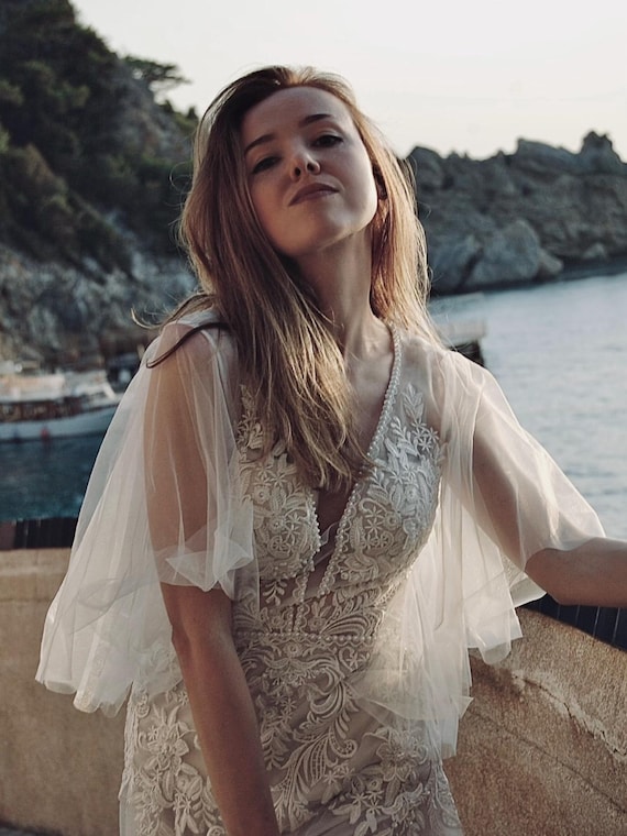 knee length dresses for ladies Dark Ivory Lace Tulle Off The Shoulder A-Line Boho Wedding Dresses,CW0112 US14 / Custom Color(Leaving A note) main image 0
