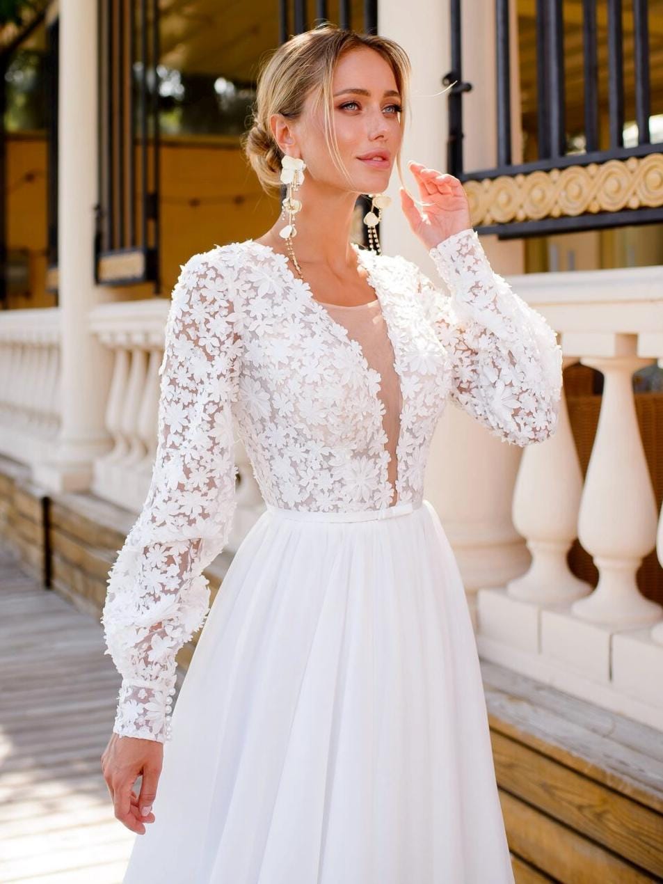 cinderella wedding dress long sleeve Sparkly Tulle Long-Sleeve Ball Gown