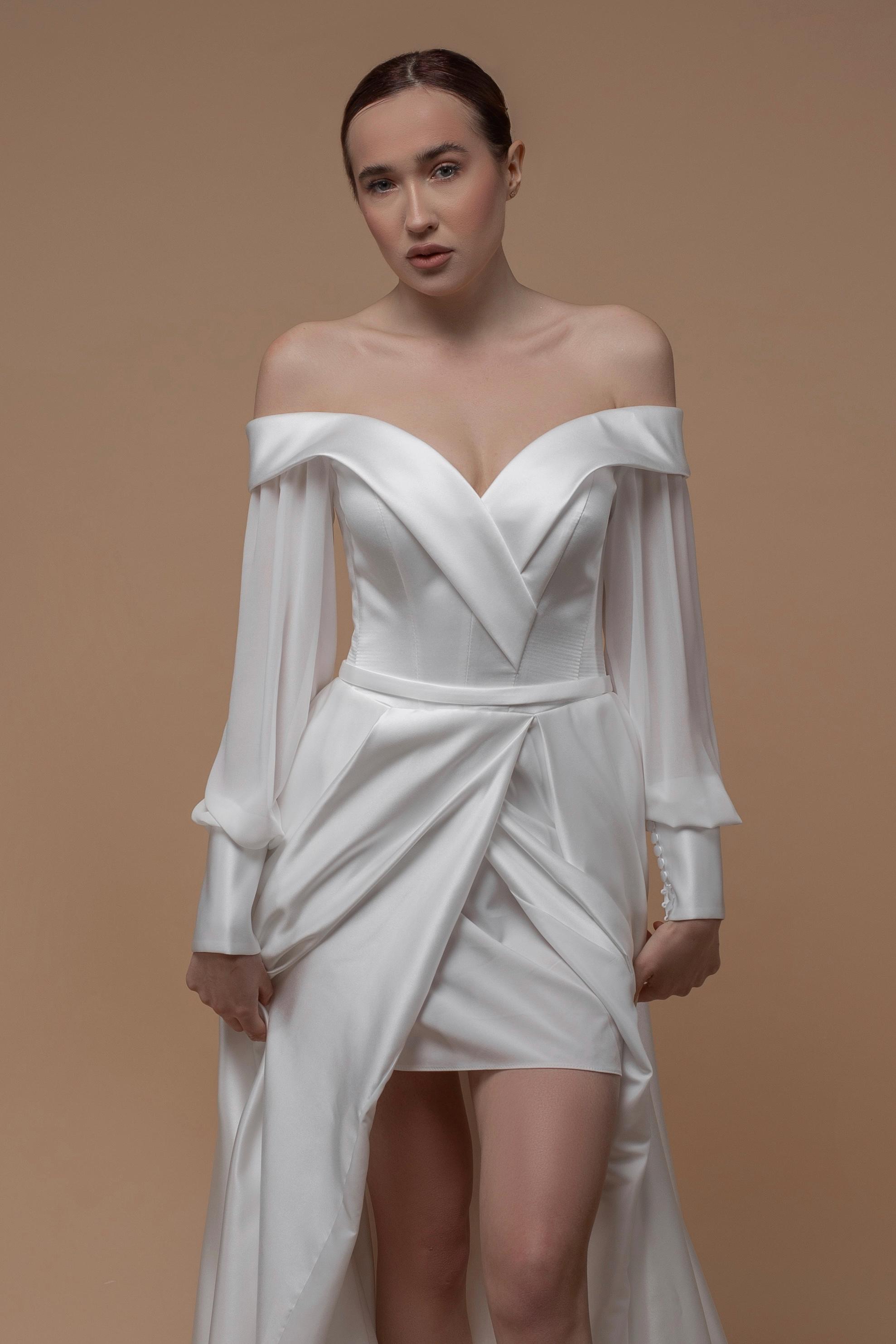 Off-Shoulder Wedding Dress with Slit – Elegant Satin & Chiffon Bridal Gown  long sleeves
