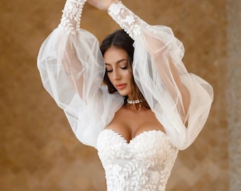 Off-Shoulder Wedding Dress, 3D Floral Lace, Puffy Sleeves