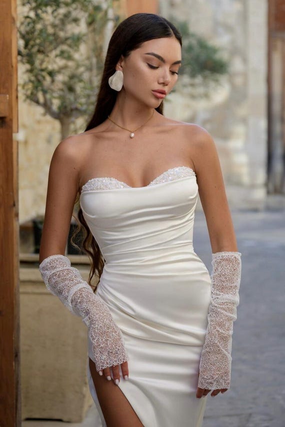 Elegant Satin Wedding Dress, Beaded Corset, High Slit, Lace Gloves