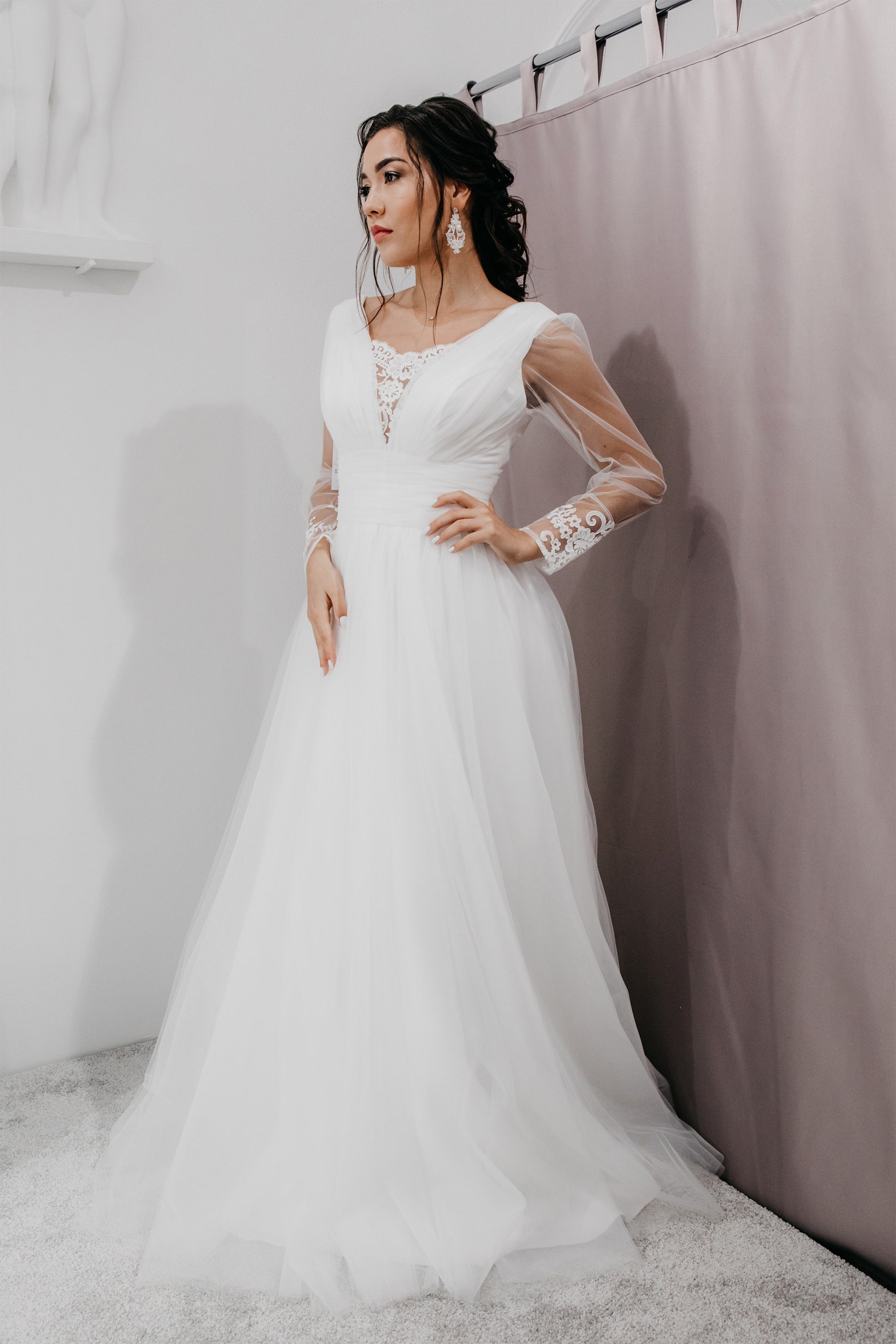 boho long sleeve wedding dress with open back