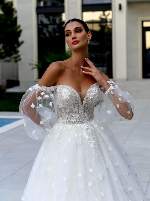 Off-the-shoulder Wedding Dress  3D Floral Appliqu Tulle Bridal Gown - Etsy