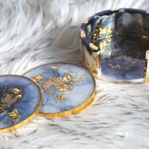 Resin Untersetzer | Ständer | 4er Set Runde Untersetzer | Grau marmor | Blattgold | Dekoration | Handgefertigter Untersetzer | Geschenk