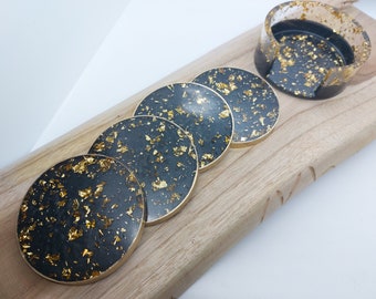 Resin Coaster, Stand, Holder, Set of 4 Round Coasters, Black Color, Gold Leaves, Home Decor, Handmade, Gift