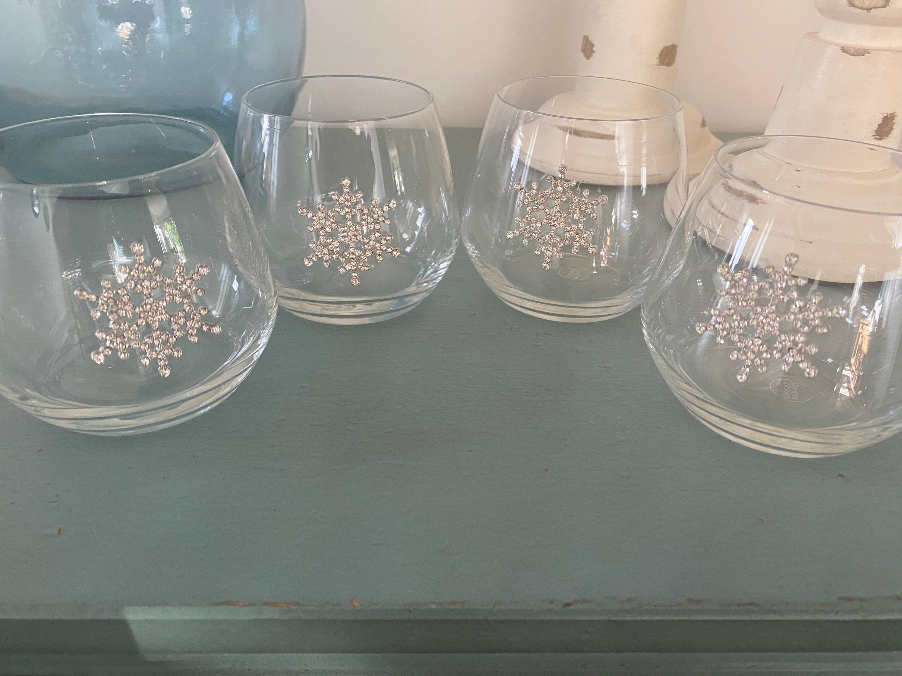 Set of 4 stemless glasses with silver snowflake embellishment Etsy