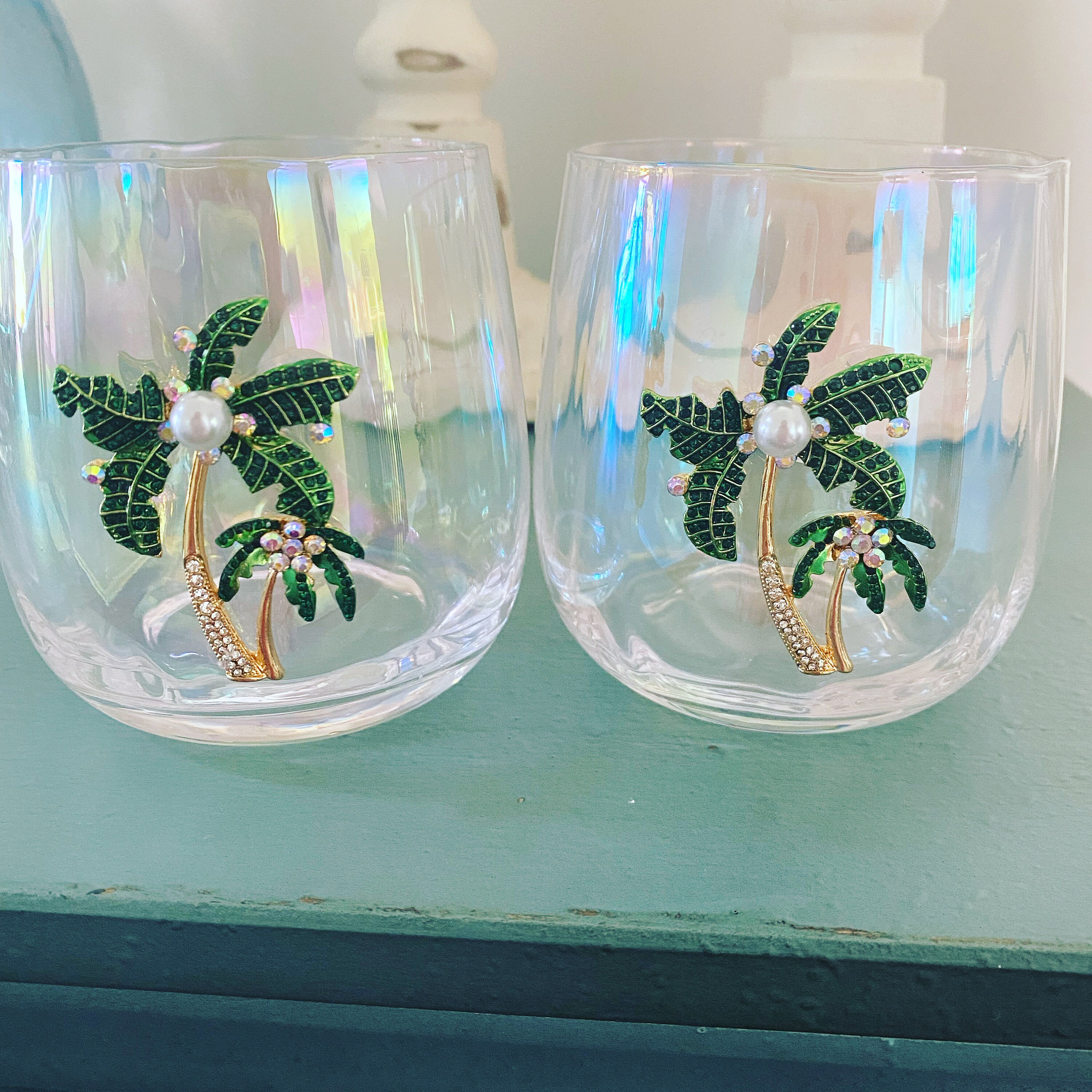 Set of 2 Stemless Palm Tree Wine Glasses Beach Theme Etsy Singapore