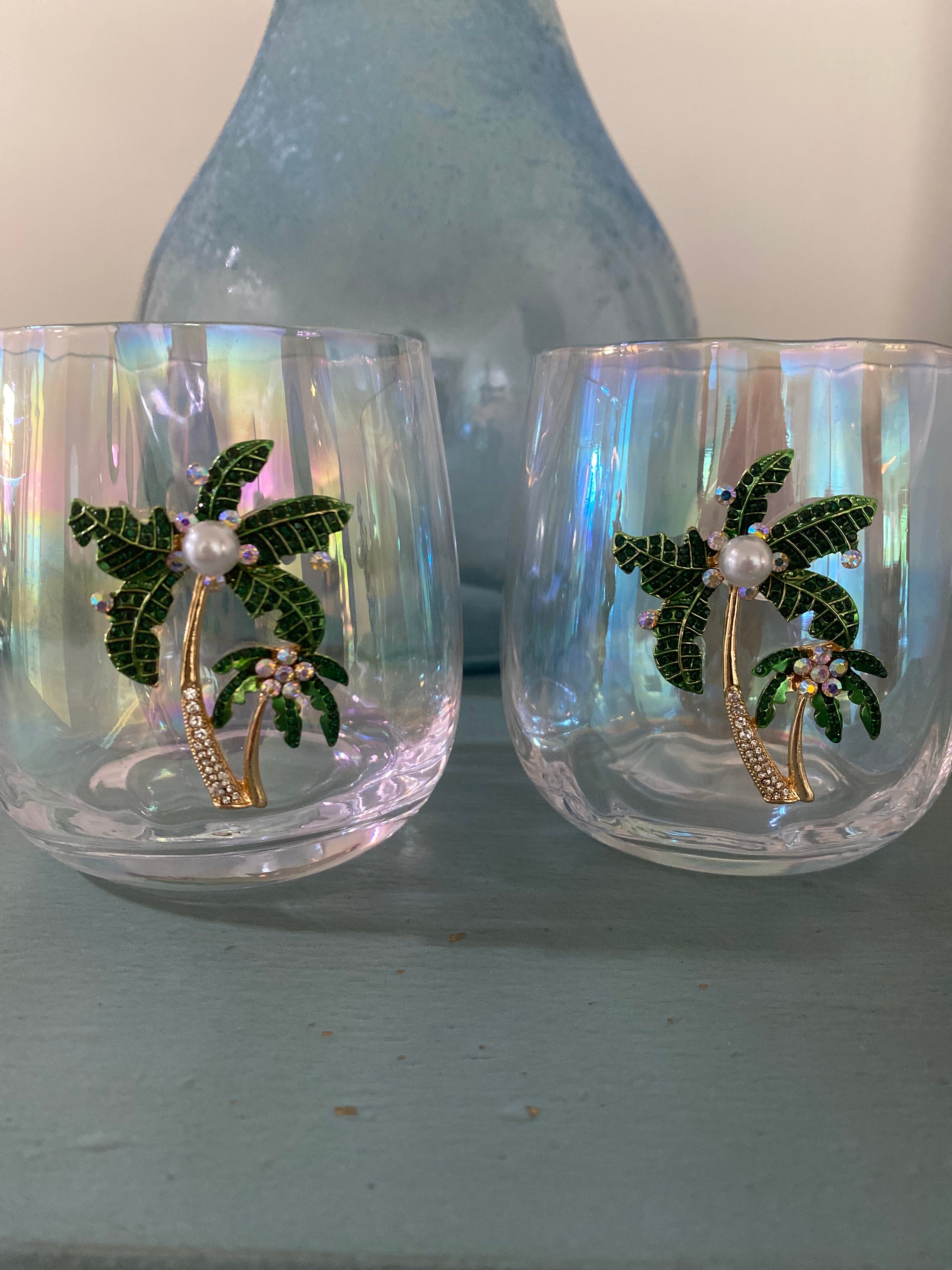 Set of 2 Stemless Palm Tree Wine Glasses Beach Theme Etsy Singapore