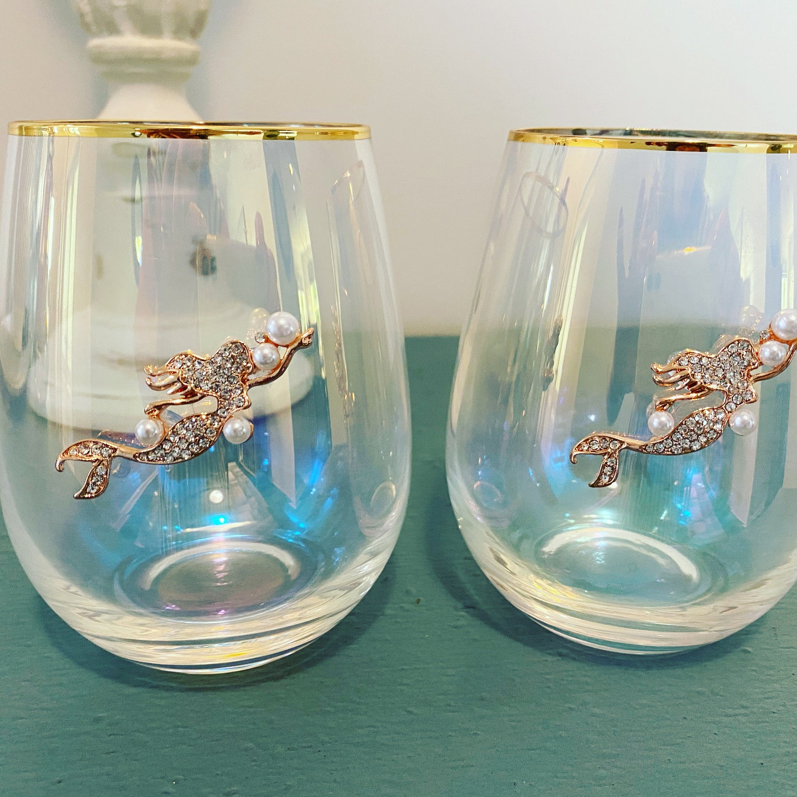 Set of 2 iridescent stemless wine glasses with gold mermaid Etsy
