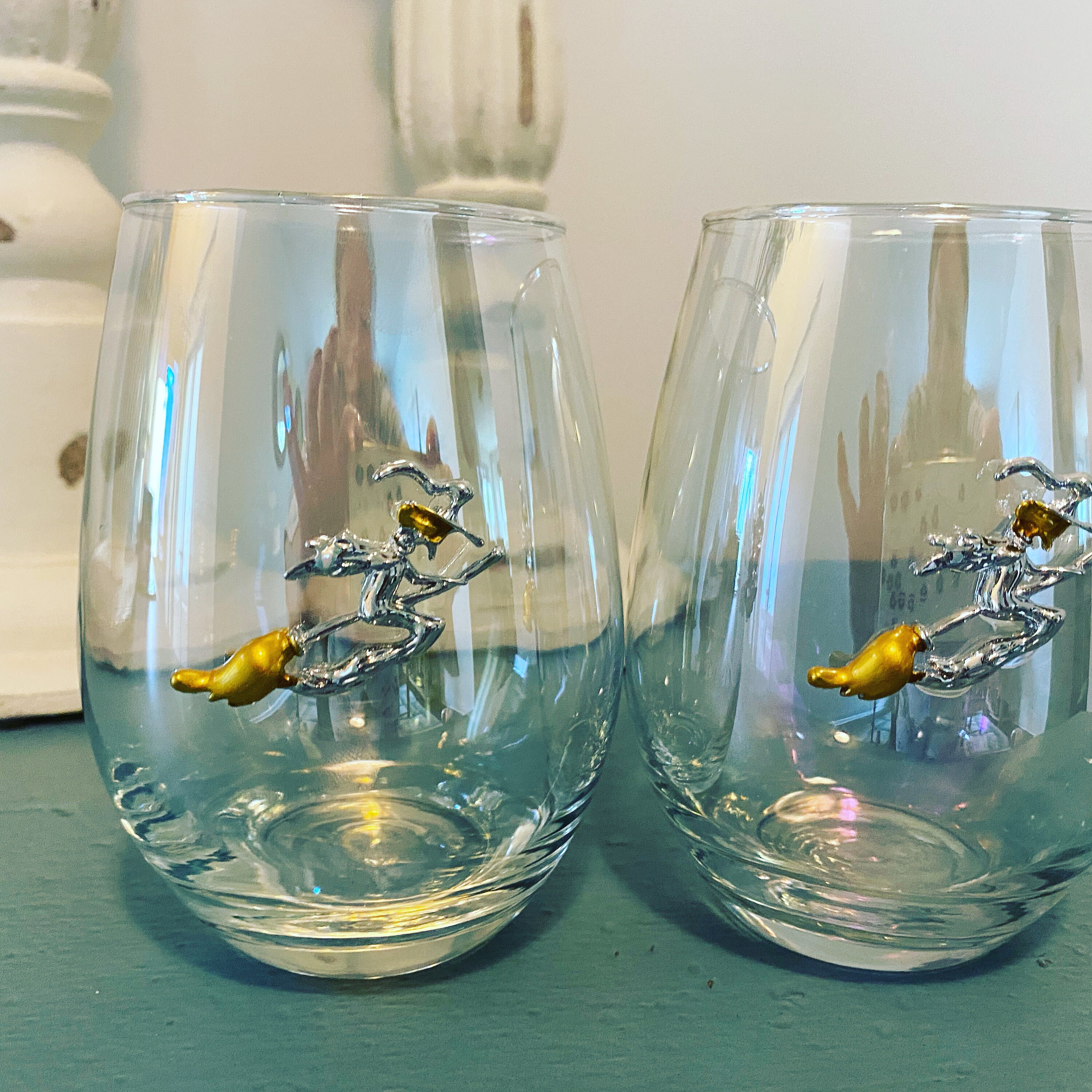 Set of 2 iridescent stemless wine glasses with silver and gold Etsy