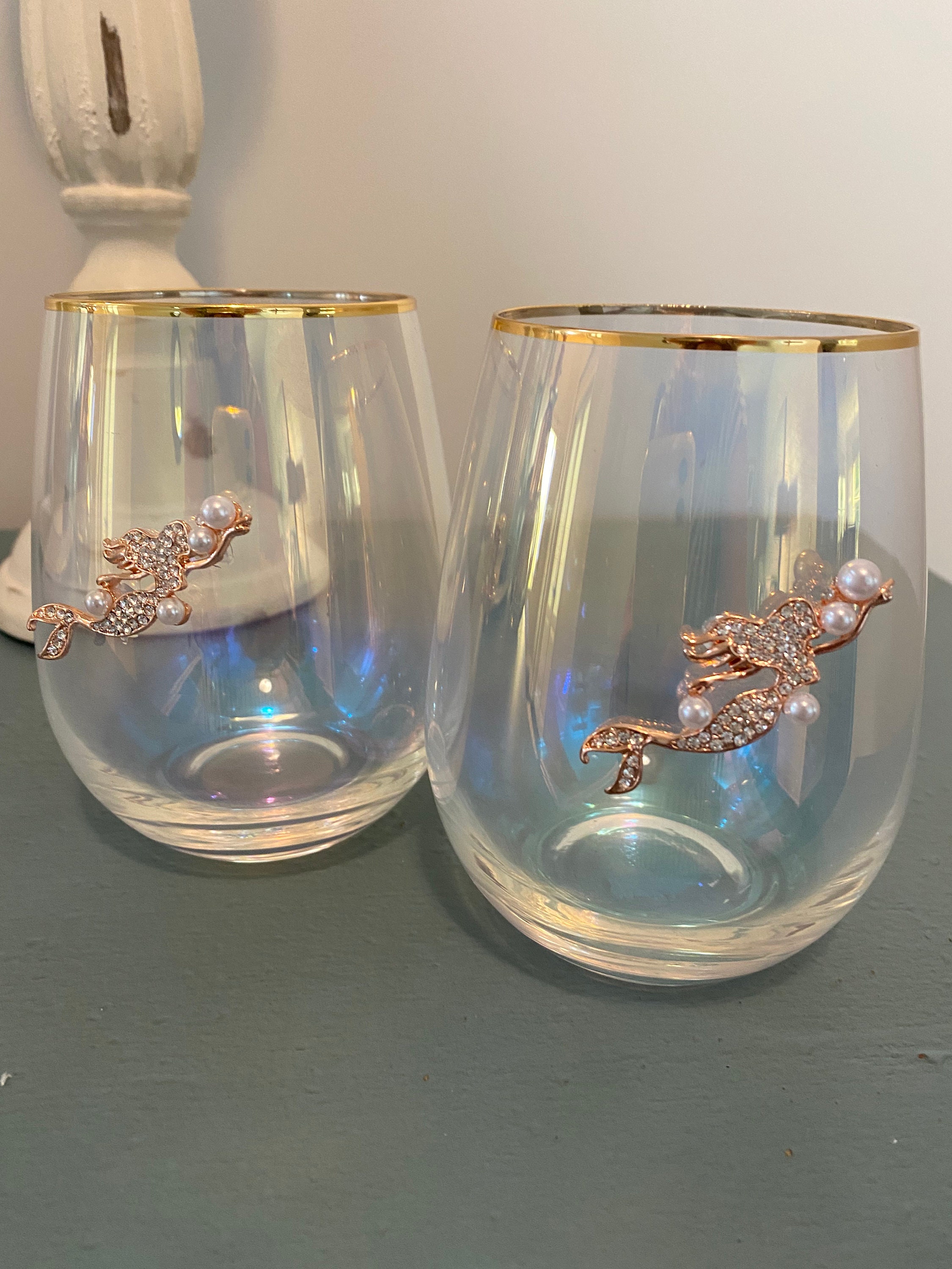 Set of 2 iridescent stemless wine glasses with gold mermaid Etsy