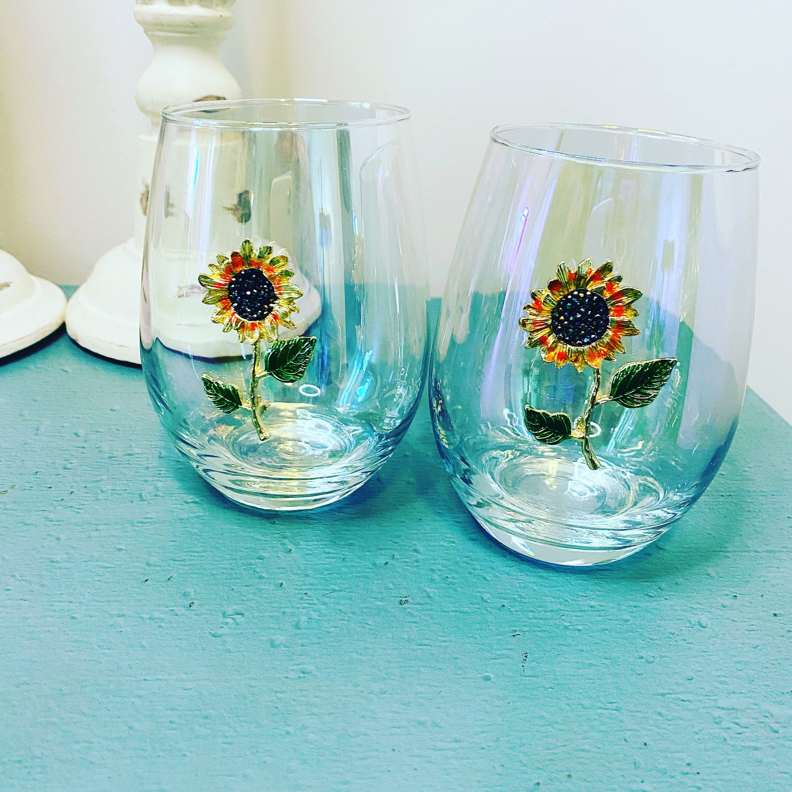 Set of 2 Iridescent Stemless Wine Glasses With Sunflower Etsy