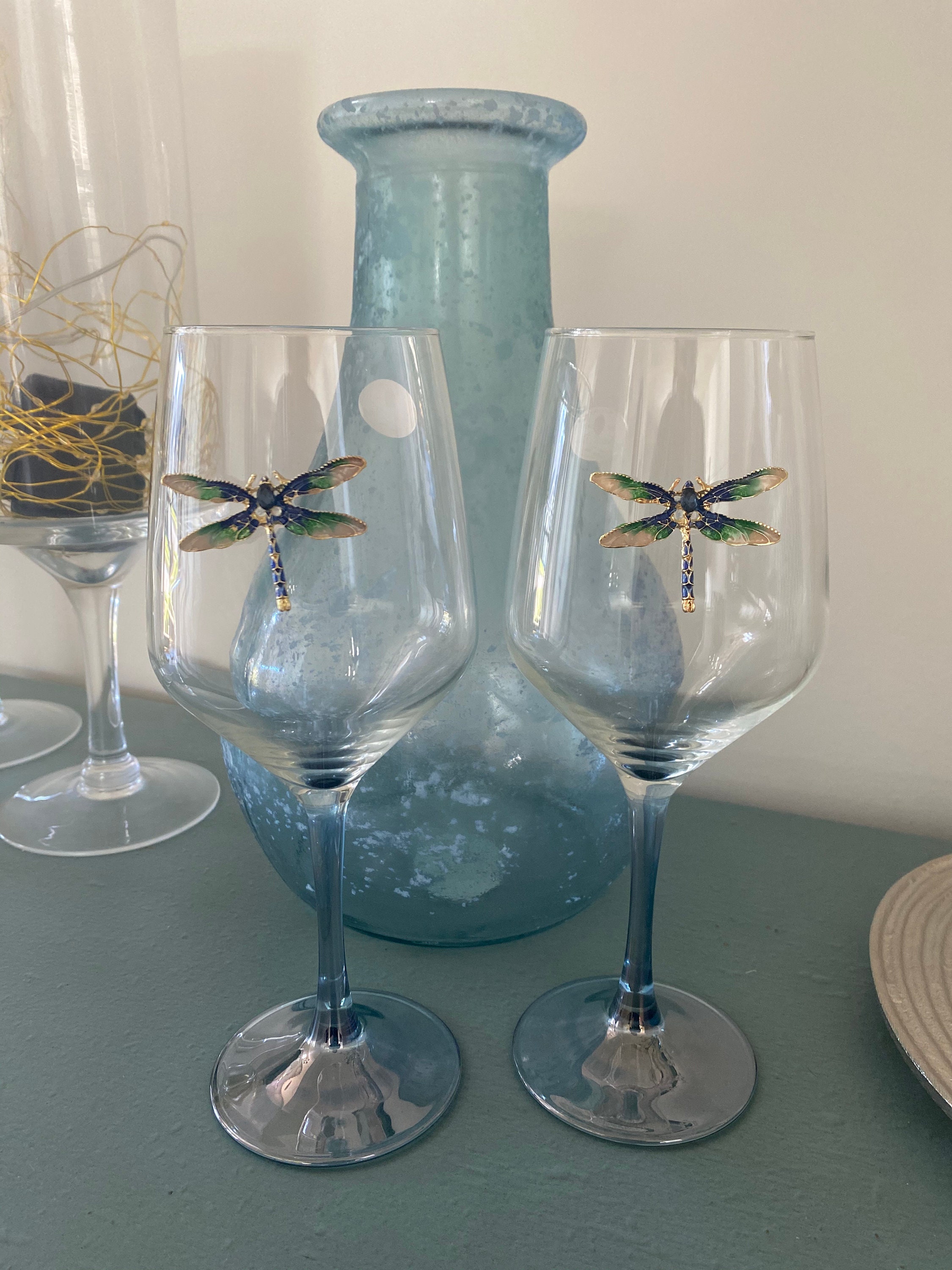 Set of 2 beautiful blue stemmed wine glasses with blue green Etsy