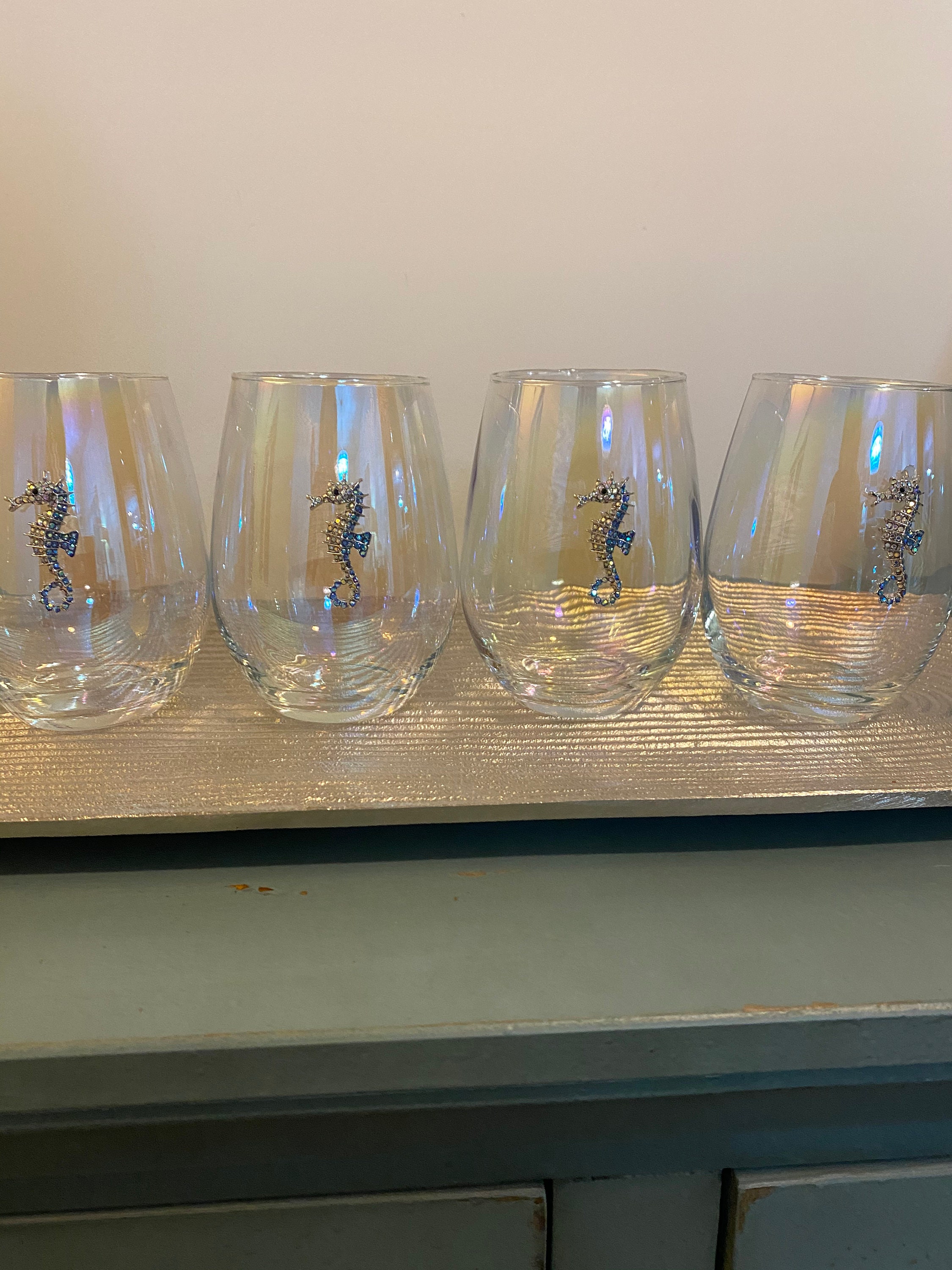 Set of 4 iridescent stemless wine glasses with seahorses Etsy
