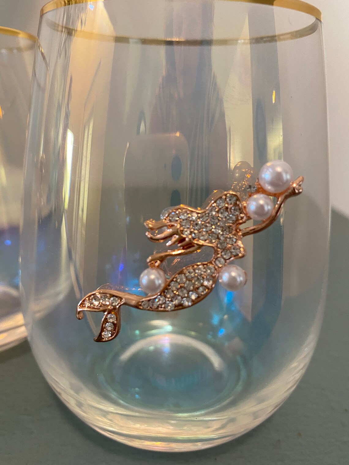 Set of 2 iridescent stemless wine glasses with gold mermaid Etsy