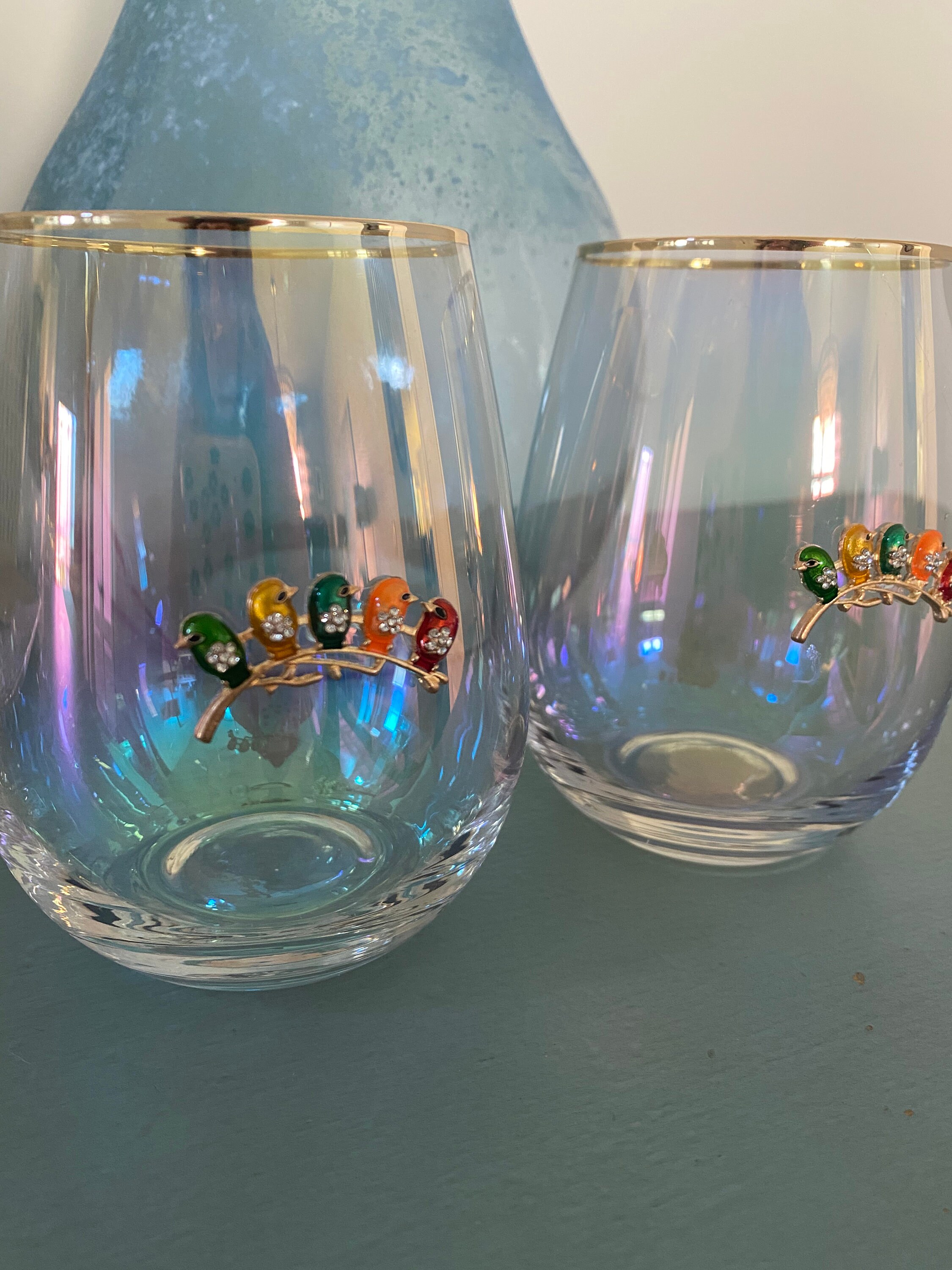 Set of 2 stemless iridescent wine glasses with gold rim and Etsy