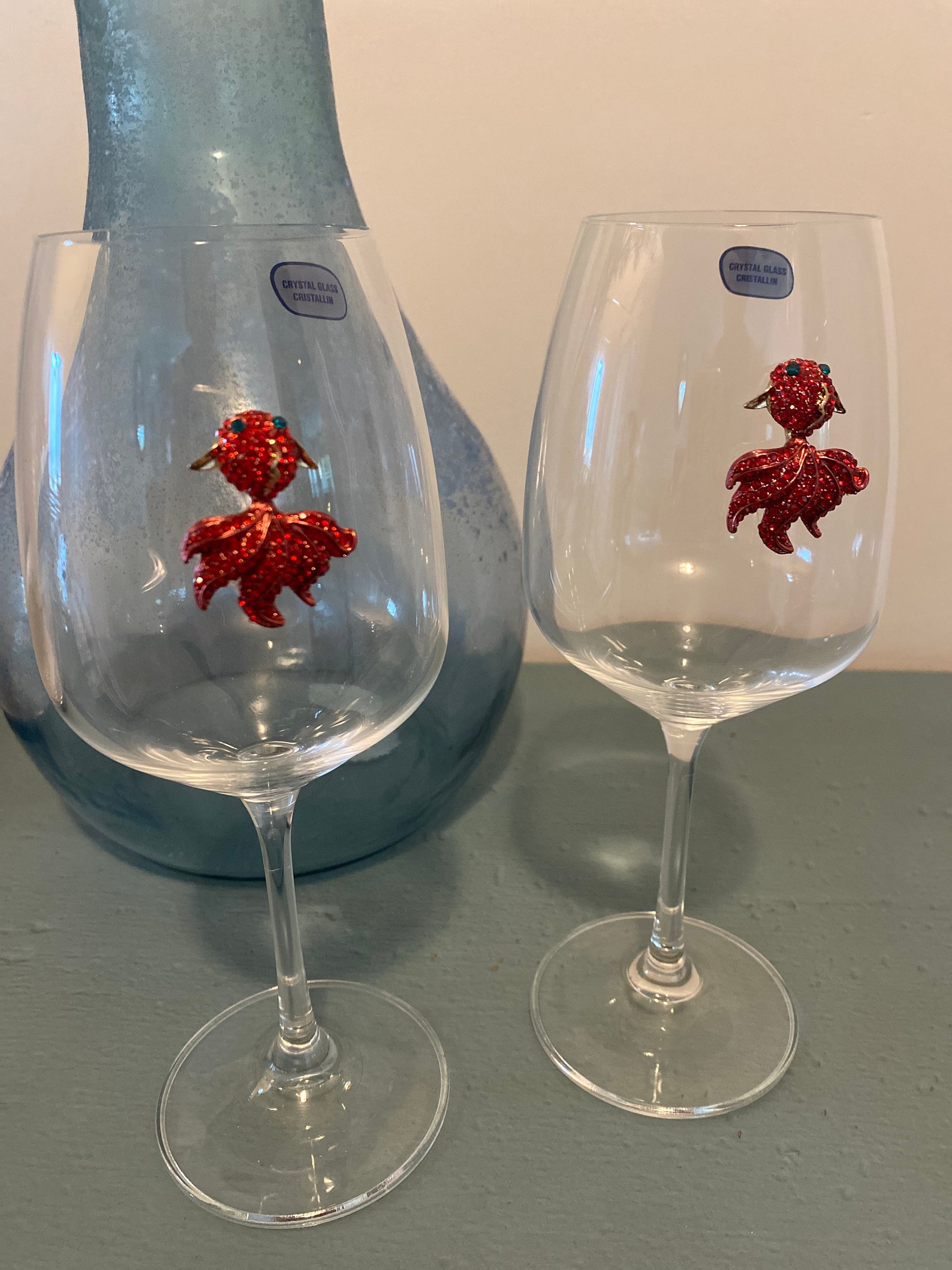 Set of 2 wine glasses with goldfish or koi fish embellishment Etsy