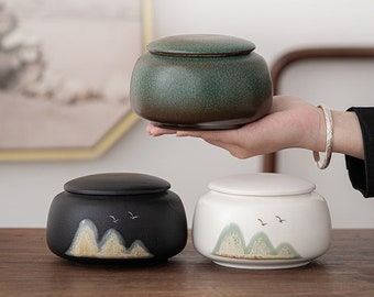 Handpainted Mountain Ceramic Tea Storage Canister with Lid