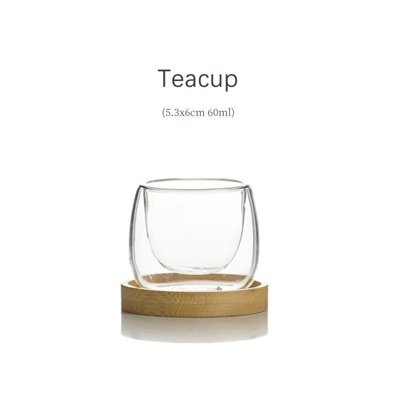 Double Wall Glass Teacup Double layer Glass Cup With Wood Saucer - Etsy