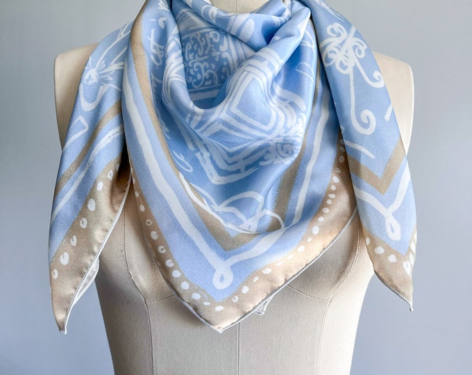 French, Pastel Blue Scarf | 100% Silk Charmeuse | Parisian Lightweight Coastal Accessory | Hand Painted | Gift for Mom | Bridal Shawl