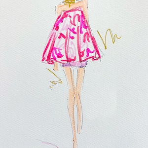 May include: Watercolor fashion illustration of a dress with a pink and white pattern. The dress is paired with pink earrings and shoes, and a gold necklace. The words "ABSTRACT STYLE" are at the bottom.