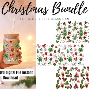Libbey Can Glass Wrap Bundle l Copa de vidrio PNG Transferencia l Transfer Wrap l Dibujos animados para niños Classic Glass Can Wrap l Paquete de Navidad Envoltura de vidrio