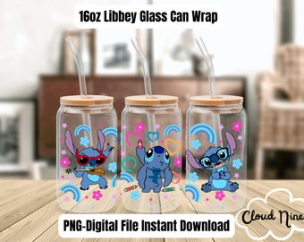 Libbey Can Glass Wrap l Tazza di vetro PNG Transfer l Transfer Wrap File digitale l Cartoni animati per bambini Classic Glass Can Wrap l Ohana png file