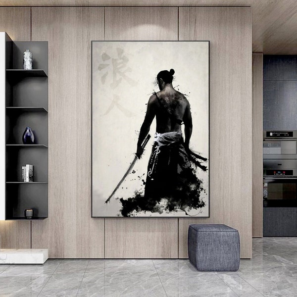 98# 2 Samurai Warrior Print on Canvas, Art japonais, Décor japonais, Samouraï avec épée katana, guerriers samouraïs épéistes estampes d'art
